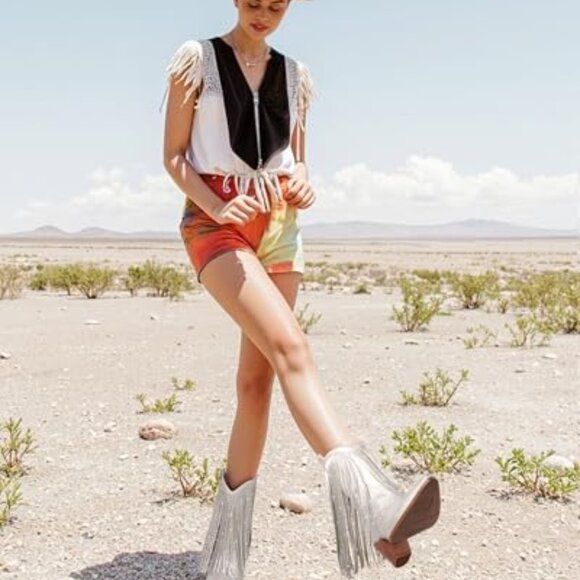 Women's Rhinestone Cowboy Boots with Fringe, Chunky Heel, Wide Calf - Picture 3 of 8